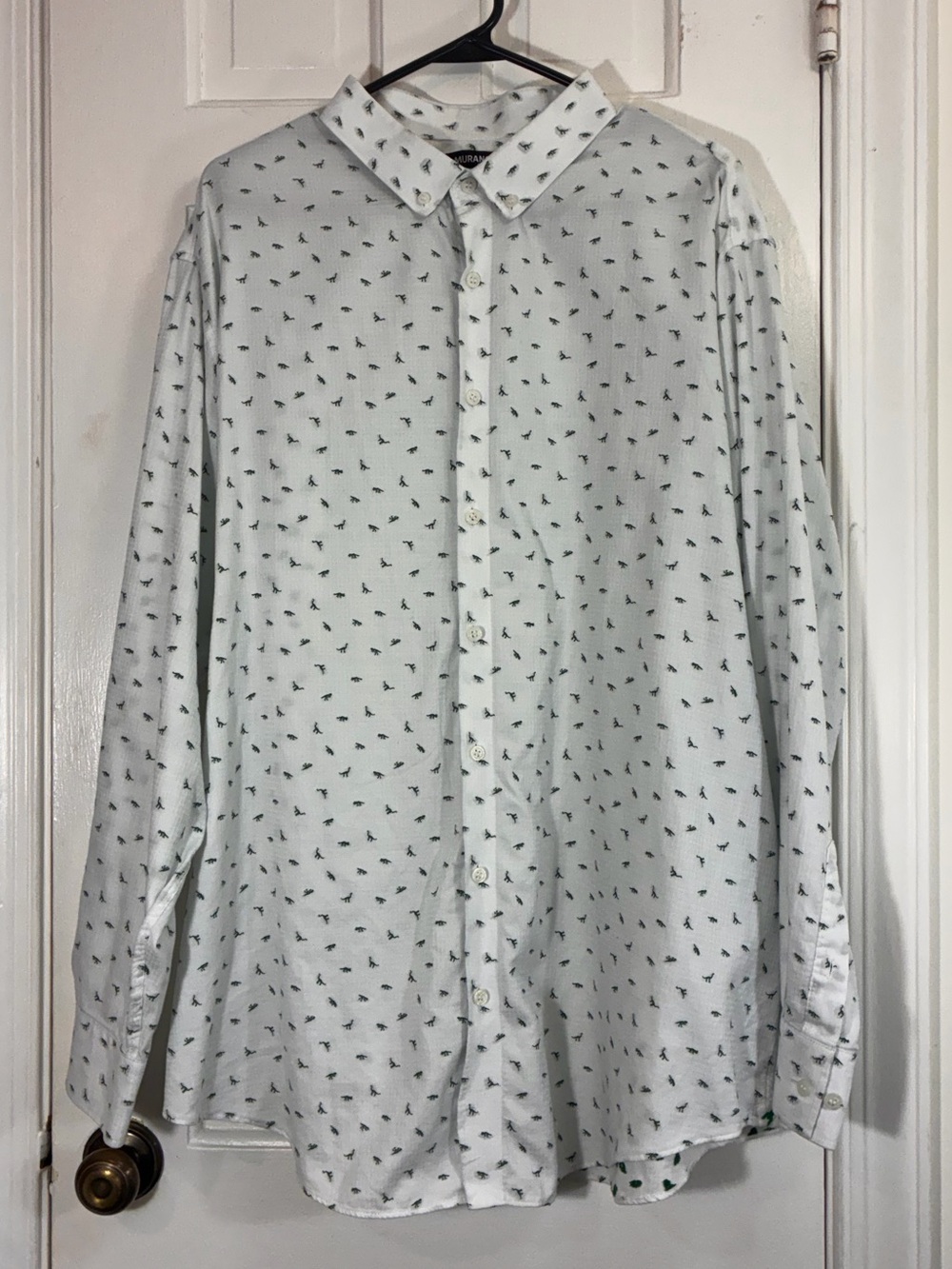 Murano Men’s White Button-Up Shirt w Embroidered Dinosaur Pattern Size 2XB
